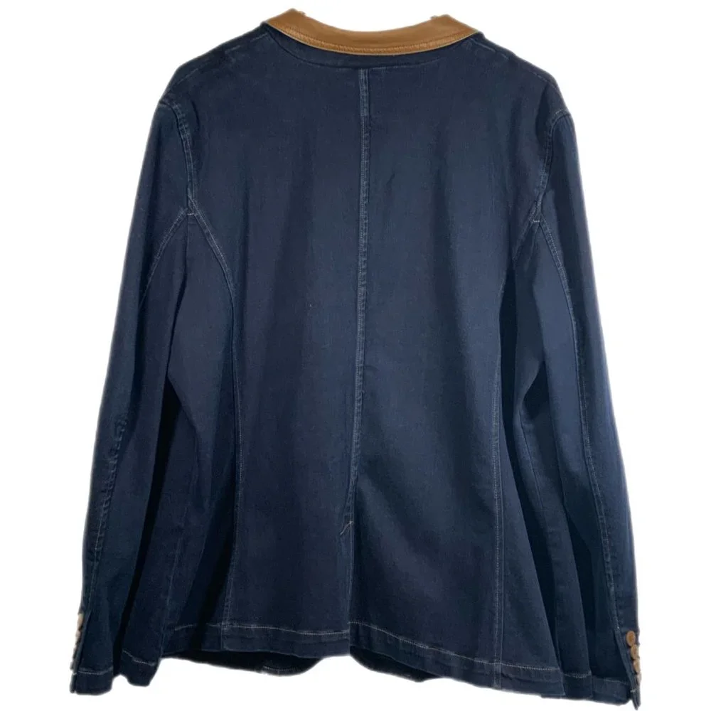 Lauren Ralph Lauren Jeans Co Denim Leather Trim Classic Blazer Size 16W LRL - Picture 2 of 3